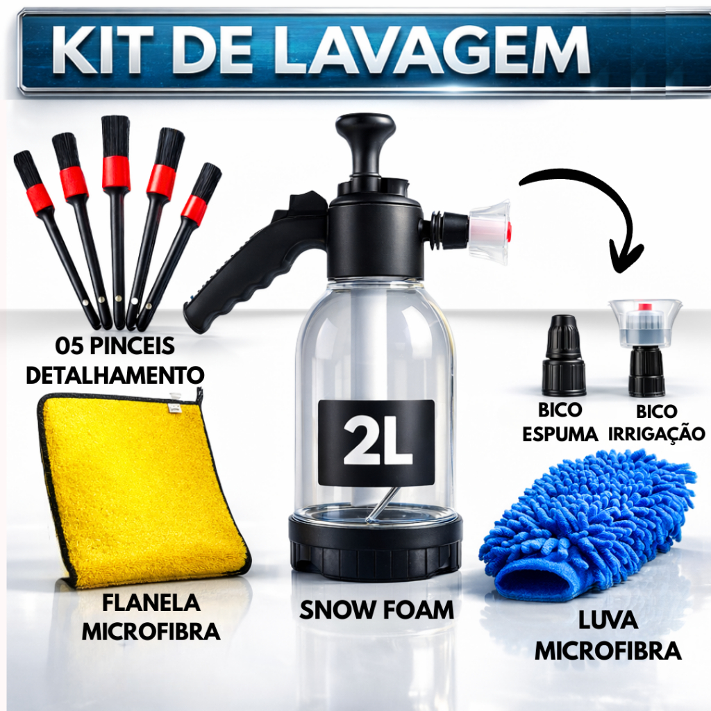 Kit Automotivo Pulverizador Snow Foam Manual Lavadora Espuma Borrifador 2 Litros Luva Pincel Flanela Microfibra