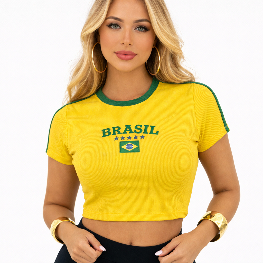 Cropped Brasil Feminino Torcedora Copa Canelado Bordado Manga Curta Verde Amarelo Tendencia