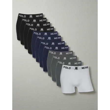 Kit 12 Cuecas Masculinas Boxer Polo Wear Branco, Cinza, Preto E Azul Marinho Liso G