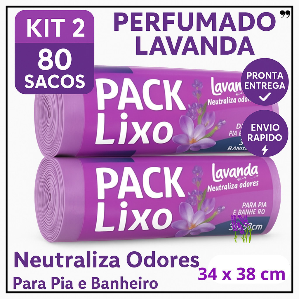 Sacos de Lixo Perfumados Lavanda | Kit 2 com 80 Sacos | Para Pia e Banheiro | 34x38cm | Neutraliza Odores