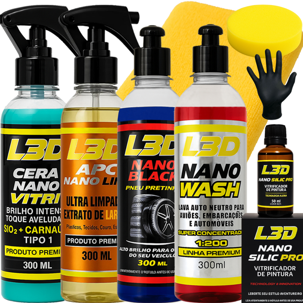 Kit Lavagem Automotiva Vitrificador L3D, Cera Cristalizadora, Shampoo, Higienizador APC, Pretinho
