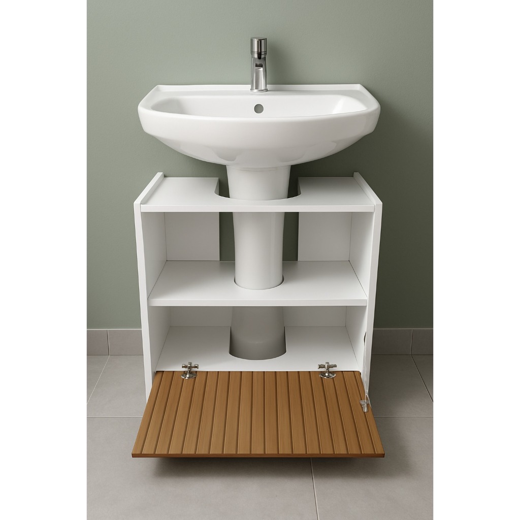 Gabinete Coluna para Pia de banheiro 1 Porta e com Prateleira Organizadora Branco Ripado