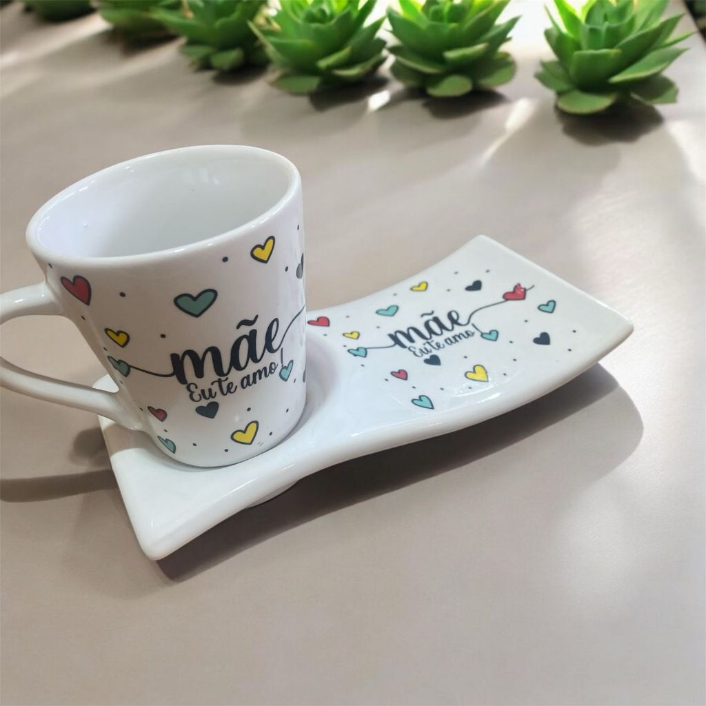 Kit Caneca Porcelana  E Pires Ondulado Mãe variados