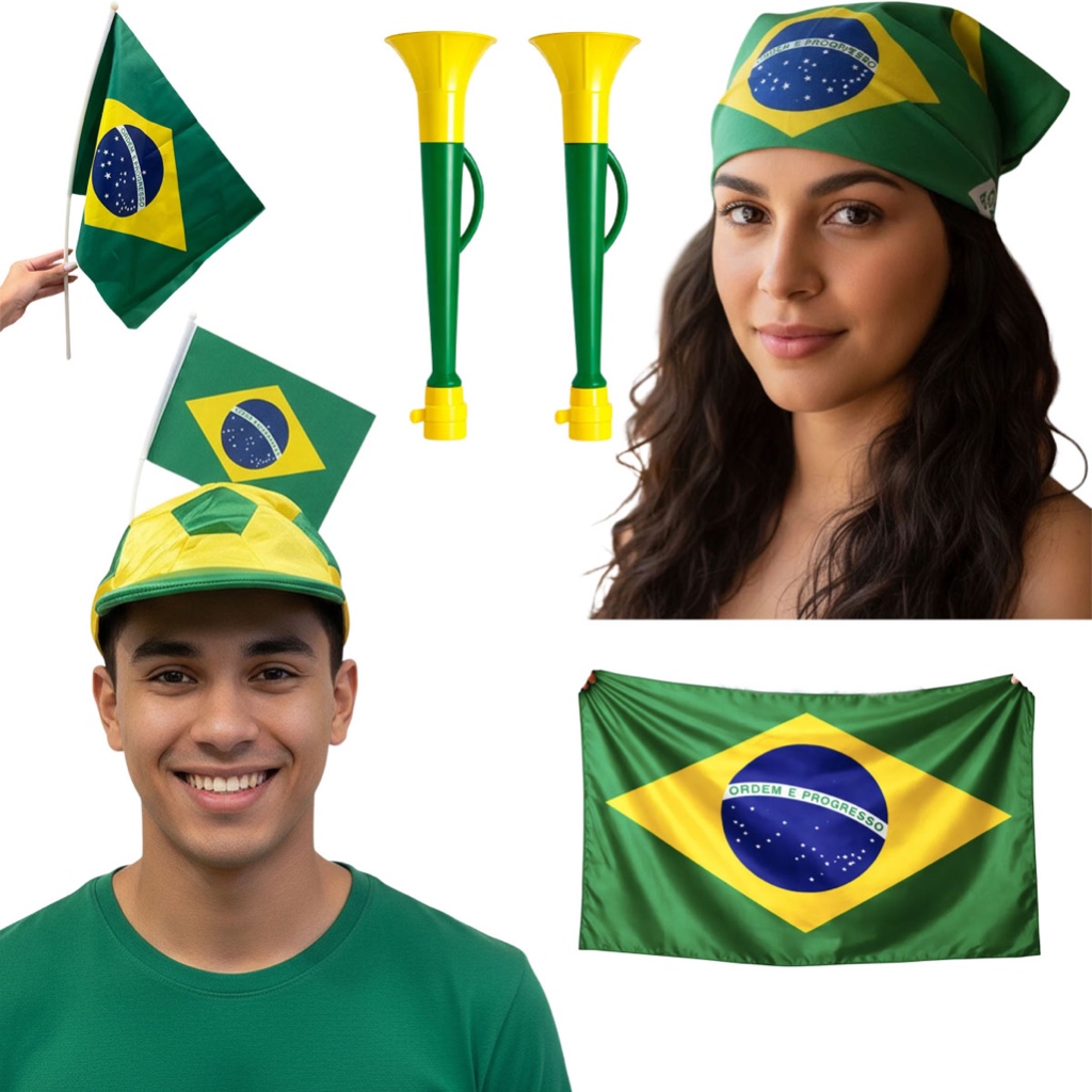 kit torcedor brasil 6 peças brasil copa do mundo futebol 1 bandana 2 cornetas 1 chapéu 1 bandeira media 1 mini bandeira