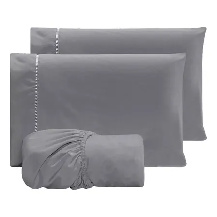 Jogo De Lençol Queen Micropercal 400 Fios Sofisticado 3pç Cor Cinza Desenho Do Tecido Liso