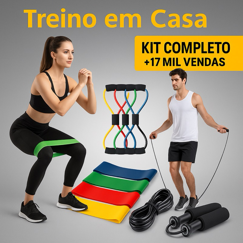 Kit Treino em Casa Elástico Extensor Cross Tube  + Corda de Pular + Kit com 5 Faixas
