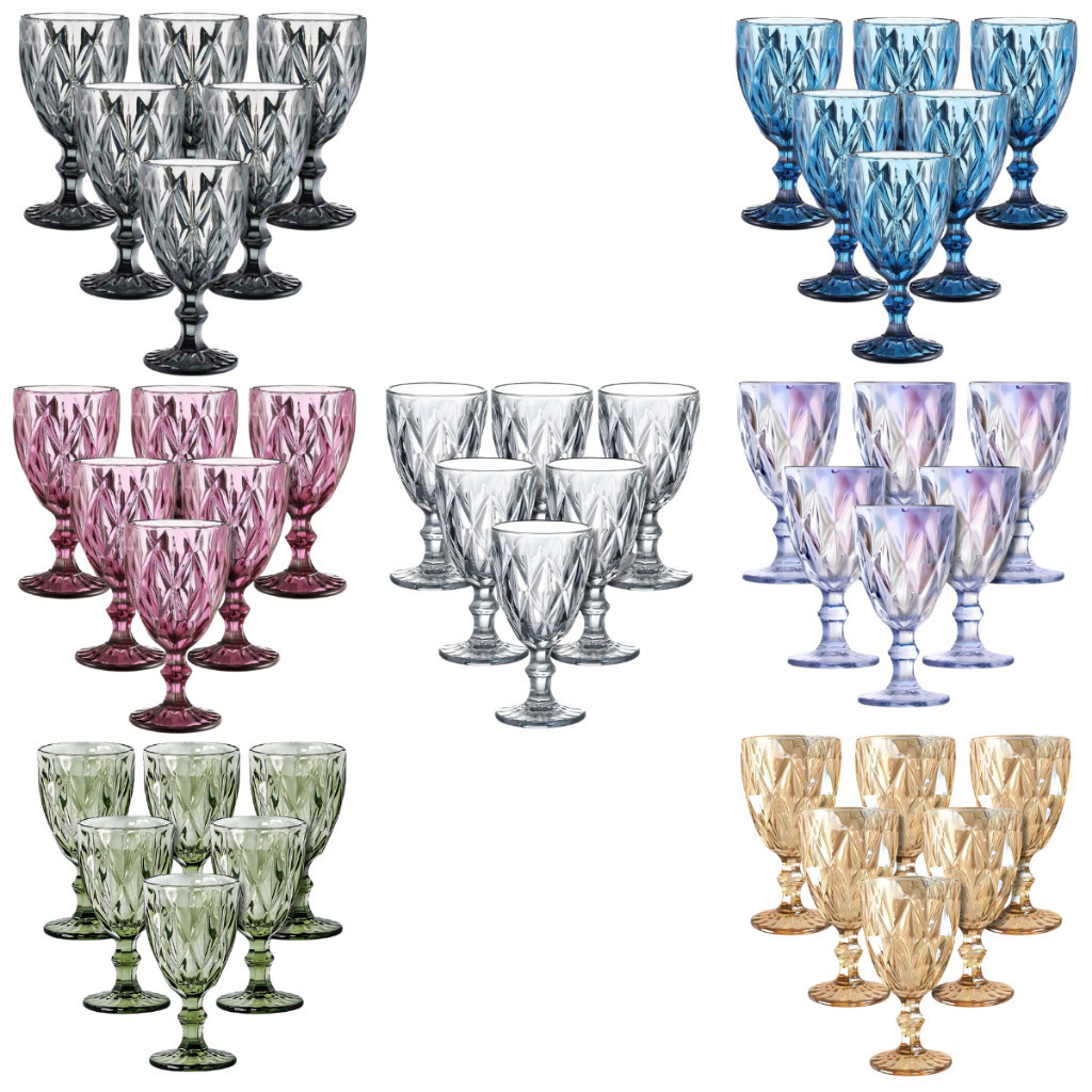 Kit Conjunto 6 Taças Diamond De Vidro de Agua Vinho Diamante Buffet Restaurante Luxo 330ml