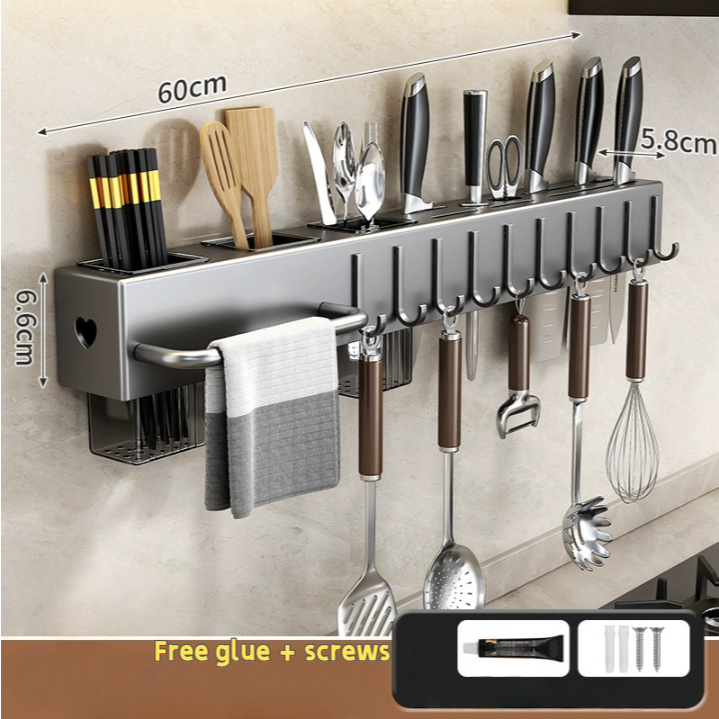 Rack de cozinha sem perfuração, montado na parede, multifuncional, faca de cozinha, pauzinhos, faca, rack de armazenamen