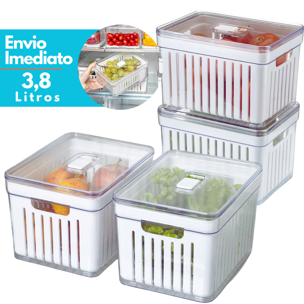 Organizador de Geladeira 3,8 Litros Cesto Com Tampa Alimentos Verduras Potes de Salada Premium
